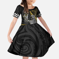 Hawaii King Kamehameha The Great Family Matching Off The Shoulder Long Sleeve Dress and Hawaiian Shirt Gold Tribal Tattoo LT05 Daughter's Dress Gold - Polynesian Pride