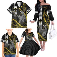 Hawaii King Kamehameha The Great Family Matching Off The Shoulder Long Sleeve Dress and Hawaiian Shirt Gold Tribal Tattoo LT05 - Polynesian Pride