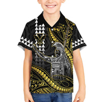 Hawaii King Kamehameha The Great Family Matching Off The Shoulder Long Sleeve Dress and Hawaiian Shirt Gold Tribal Tattoo LT05 Son's Shirt Gold - Polynesian Pride