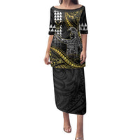 Hawaii King Kamehameha The Great Family Matching Puletasi and Hawaiian Shirt Gold Tribal Tattoo LT05 Mom's Dress Gold - Polynesian Pride