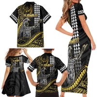 Hawaii King Kamehameha The Great Family Matching Short Sleeve Bodycon Dress and Hawaiian Shirt Gold Tribal Tattoo LT05 - Polynesian Pride