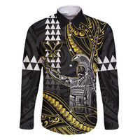 Hawaii King Kamehameha The Great Family Matching Short Sleeve Bodycon Dress and Hawaiian Shirt Gold Tribal Tattoo LT05 Dad's Shirt - Long Sleeve Gold - Polynesian Pride
