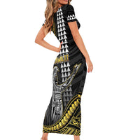 Hawaii King Kamehameha The Great Family Matching Short Sleeve Bodycon Dress and Hawaiian Shirt Gold Tribal Tattoo LT05 - Polynesian Pride