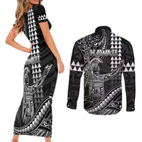Hawaii King Kamehameha The Great Couples Matching Short Sleeve Bodycon Dress and Long Sleeve Button Shirt Black Tribal Tattoo LT05 - Polynesian Pride