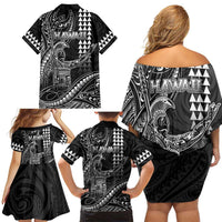 Hawaii King Kamehameha The Great Family Matching Off Shoulder Short Dress and Hawaiian Shirt Black Tribal Tattoo LT05 - Polynesian Pride