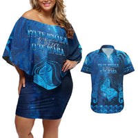 Personalised New Zealand Mother's Day Couples Matching Off Shoulder Short Dress and Hawaiian Shirt Ko Te Whaea Te Takere O Te Waka LT05 Blue - Polynesian Pride