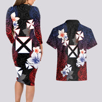 Wallis and Futuna Uvea Couples Matching Long Sleeve Bodycon Dress and Hawaiian Shirt Victory Day With Frangipani LT05 - Polynesian Pride