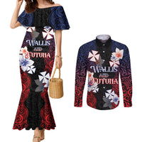 Wallis and Futuna Uvea Couples Matching Mermaid Dress and Long Sleeve Button Shirt Victory Day With Frangipani LT05 Black - Polynesian Pride