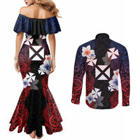 Wallis and Futuna Uvea Couples Matching Mermaid Dress and Long Sleeve Button Shirt Victory Day With Frangipani LT05 - Polynesian Pride