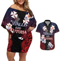 Wallis and Futuna Uvea Couples Matching Off Shoulder Short Dress and Hawaiian Shirt Victory Day With Frangipani LT05 Black - Polynesian Pride