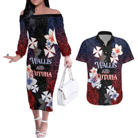 Wallis and Futuna Uvea Couples Matching Off The Shoulder Long Sleeve Dress and Hawaiian Shirt Victory Day With Frangipani LT05 Black - Polynesian Pride