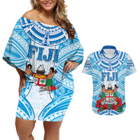 Personalised Fiji Ratu Sir Lala Sukuna Day Couples Matching Off Shoulder Short Dress and Hawaiian Shirt Hibiscus Tapa Pattern LT05 Blue - Polynesian Pride