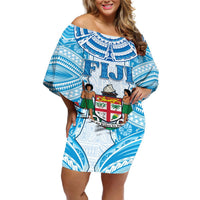 Personalised Fiji Ratu Sir Lala Sukuna Day Off Shoulder Short Dress Hibiscus Tapa Pattern LT05 Women Blue - Polynesian Pride