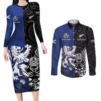 New Zealand And Scotland Rugby Custom Couples Matching Long Sleeve Bodycon Dress and Long Sleeve Button Shirt Maori Tiki With Thistle Together LT05 Black - Polynesian Pride