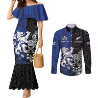 New Zealand And Scotland Rugby Custom Couples Matching Mermaid Dress and Long Sleeve Button Shirt Maori Tiki With Thistle Together LT05 Black - Polynesian Pride