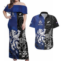 New Zealand And Scotland Rugby Custom Couples Matching Off Shoulder Maxi Dress and Hawaiian Shirt Maori Tiki With Thistle Together LT05 Black - Polynesian Pride