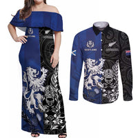 New Zealand And Scotland Rugby Custom Couples Matching Off Shoulder Maxi Dress and Long Sleeve Button Shirt Maori Tiki With Thistle Together LT05 Black - Polynesian Pride