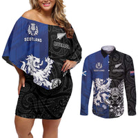 New Zealand And Scotland Rugby Custom Couples Matching Off Shoulder Short Dress and Long Sleeve Button Shirt Maori Tiki With Thistle Together LT05 Black - Polynesian Pride