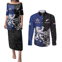 New Zealand And Scotland Rugby Custom Couples Matching Puletasi and Long Sleeve Button Shirt Maori Tiki With Thistle Together LT05 Black - Polynesian Pride