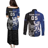 New Zealand And Scotland Rugby Custom Couples Matching Puletasi and Long Sleeve Button Shirt Maori Tiki With Thistle Together LT05 - Polynesian Pride