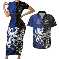 New Zealand And Scotland Rugby Custom Couples Matching Short Sleeve Bodycon Dress and Hawaiian Shirt Maori Tiki With Thistle Together LT05 Black - Polynesian Pride
