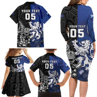 New Zealand And Scotland Rugby Custom Family Matching Long Sleeve Bodycon Dress and Hawaiian Shirt Maori Tiki With Thistle Together LT05 - Polynesian Pride