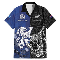 New Zealand And Scotland Rugby Custom Family Matching Mermaid Dress and Hawaiian Shirt Maori Tiki With Thistle Together LT05 Dad's Shirt - Short Sleeve Black - Polynesian Pride