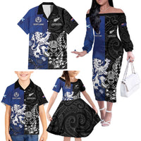 New Zealand And Scotland Rugby Custom Family Matching Off The Shoulder Long Sleeve Dress and Hawaiian Shirt Maori Tiki With Thistle Together LT05 - Polynesian Pride