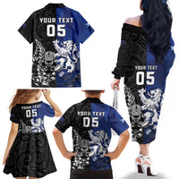 New Zealand And Scotland Rugby Custom Family Matching Off The Shoulder Long Sleeve Dress and Hawaiian Shirt Maori Tiki With Thistle Together LT05 - Polynesian Pride
