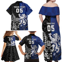 New Zealand And Scotland Rugby Custom Family Matching Off Shoulder Maxi Dress and Hawaiian Shirt Maori Tiki With Thistle Together LT05 - Polynesian Pride
