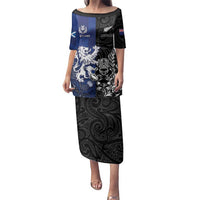 New Zealand And Scotland Rugby Custom Family Matching Puletasi and Hawaiian Shirt Maori Tiki With Thistle Together LT05 Mom's Dress Black - Polynesian Pride
