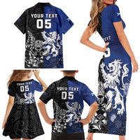 New Zealand And Scotland Rugby Custom Family Matching Short Sleeve Bodycon Dress and Hawaiian Shirt Maori Tiki With Thistle Together LT05 - Polynesian Pride