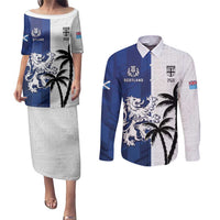 Fiji And Scotland Rugby Custom Couples Matching Puletasi and Long Sleeve Button Shirt Fijian Palm Tree With Thistle Together