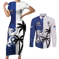 Fiji And Scotland Rugby Custom Couples Matching Short Sleeve Bodycon Dress and Long Sleeve Button Shirt Fijian Palm Tree With Thistle Together LT05 Blue - Polynesian Pride