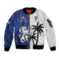 Fiji And Scotland Rugby Custom Sleeve Zip Bomber Jacket Fijian Palm Tree With Thistle Together LT05 Unisex Blue - Polynesian Pride