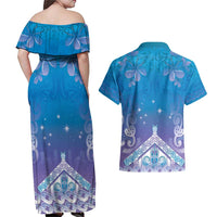 New Zealand Matariki Couples Matching Off Shoulder Maxi Dress and Hawaiian Shirt Maori Marae Cyan Galaxy LT05 - Polynesian Pride