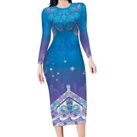 New Zealand Matariki Family Matching Long Sleeve Bodycon Dress and Hawaiian Shirt Maori Marae Cyan Galaxy LT05 Mom's Dress Cyan - Polynesian Pride