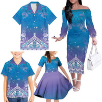 New Zealand Matariki Family Matching Off The Shoulder Long Sleeve Dress and Hawaiian Shirt Maori Marae Cyan Galaxy LT05 - Polynesian Pride