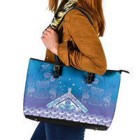 New Zealand Matariki Leather Tote Bag Maori Marae Cyan Galaxy LT05 Cyan - Polynesian Pride