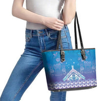New Zealand Matariki Leather Tote Bag Maori Marae Cyan Galaxy LT05 - Polynesian Pride