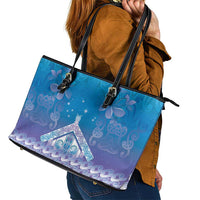 New Zealand Matariki Leather Tote Bag Maori Marae Cyan Galaxy LT05 - Polynesian Pride