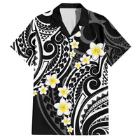 Plumeria With Black Polynesian Tattoo Pattern Family Matching Off The Shoulder Long Sleeve Dress and Hawaiian Shirt
