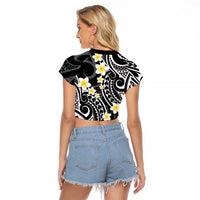 Plumeria With Black Polynesian Tattoo Pattern Raglan Cropped T Shirt