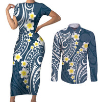 Plumeria With Blue Polynesian Tattoo Pattern Couples Matching Short Sleeve Bodycon Dress and Long Sleeve Button Shirt LT05 Blue - Polynesian Pride