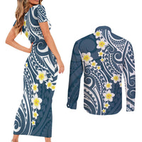 Plumeria With Blue Polynesian Tattoo Pattern Couples Matching Short Sleeve Bodycon Dress and Long Sleeve Button Shirt LT05 - Polynesian Pride