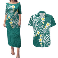 Plumeria With Teal Polynesian Tattoo Pattern Couples Matching Puletasi and Hawaiian Shirt LT05 Teal - Polynesian Pride