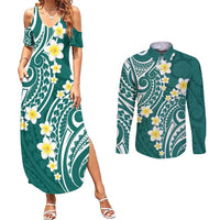 Plumeria With Teal Polynesian Tattoo Pattern Couples Matching Summer Maxi Dress and Long Sleeve Button Shirt LT05 Teal - Polynesian Pride
