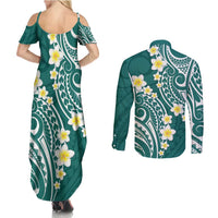 Plumeria With Teal Polynesian Tattoo Pattern Couples Matching Summer Maxi Dress and Long Sleeve Button Shirt LT05 - Polynesian Pride