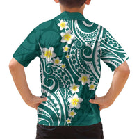 Plumeria With Teal Polynesian Tattoo Pattern Family Matching Off Shoulder Maxi Dress and Hawaiian Shirt