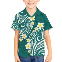 Plumeria With Teal Polynesian Tattoo Pattern Family Matching Summer Maxi Dress and Hawaiian Shirt